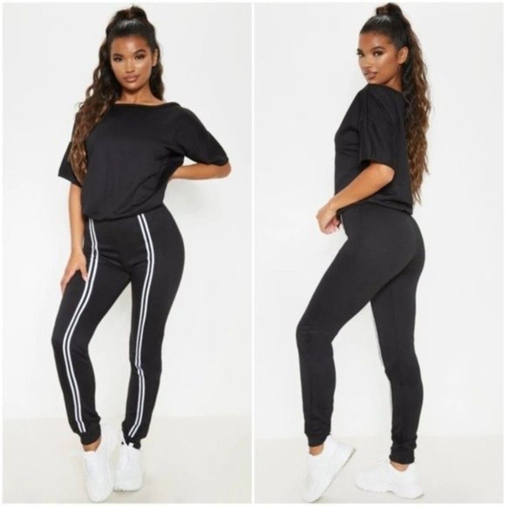 Prettylittlething Black Loop Back Sports Stripe Jumpsuit sz 8